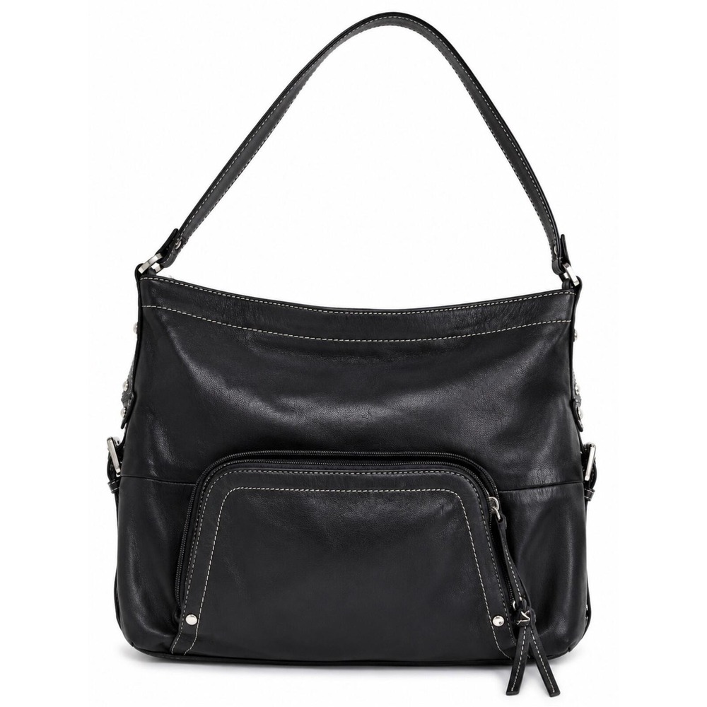 Tignanello 1989 Vintage Black Genuine Leather Shoulder Bag with Front Zip Pocket - Picture 2 of 5